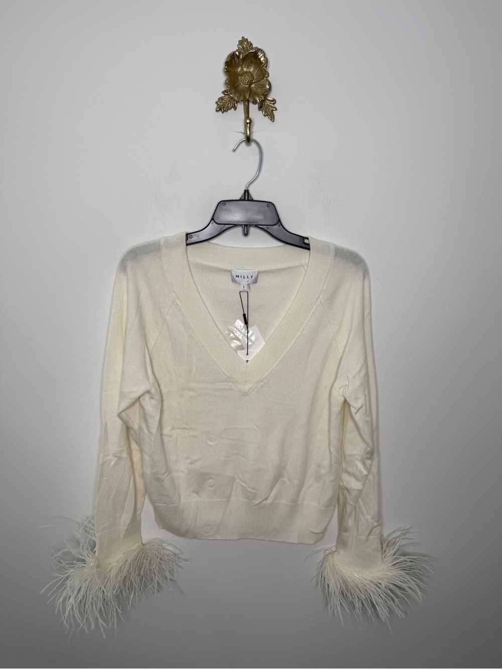 Milly Feather Cuff V-Neck Sweater S